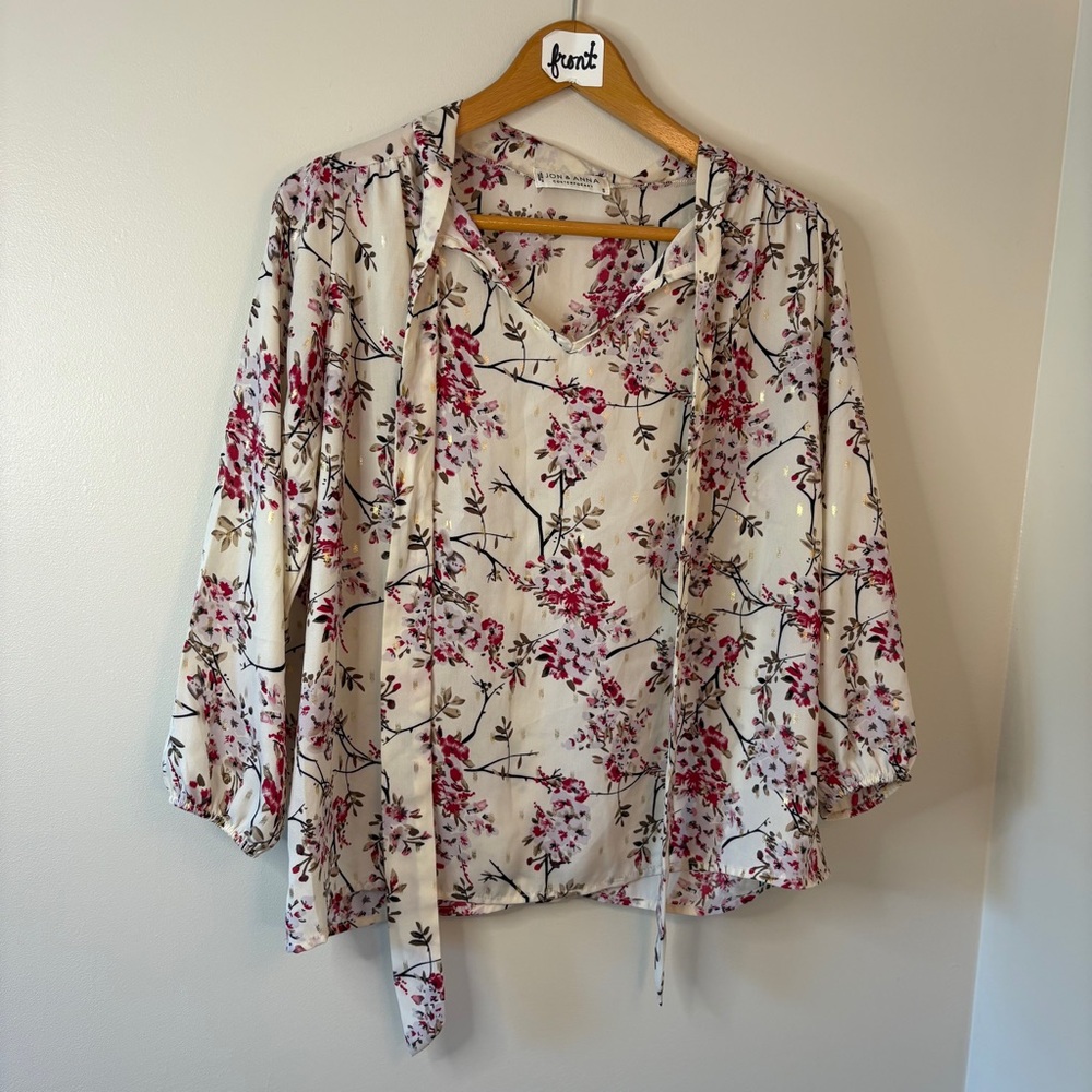Floral Tie-Neck Cream Blouse - Women's Top